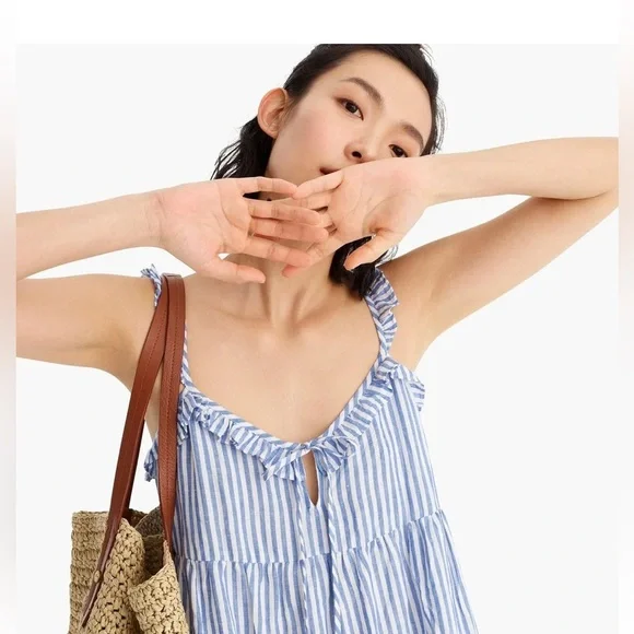 J Crew Cotton-linen tiered blue/white pinstripe Maximize sundress, S, MSRP $118 - Picture 3 of 14